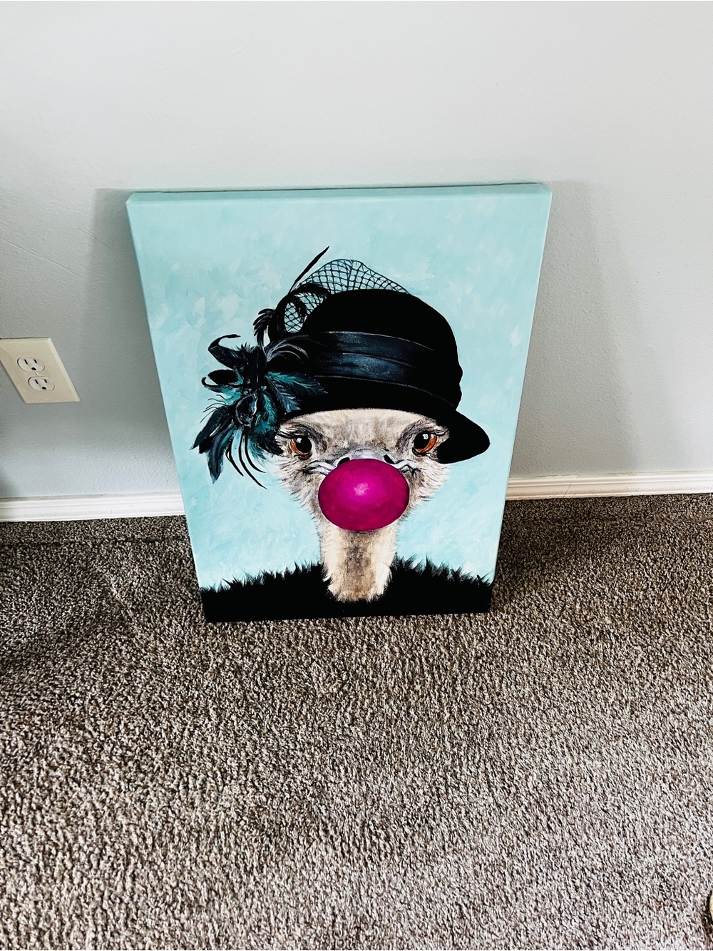 Ostrich Canvas Art in Aqua, Black and Pink
